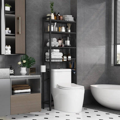 Estante organizador de baño sobre el inodoro, color negro, independiente, de metal industrial y madera.