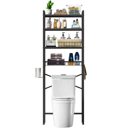 Estante organizador de baño sobre el inodoro, color negro, independiente, de metal industrial y madera.