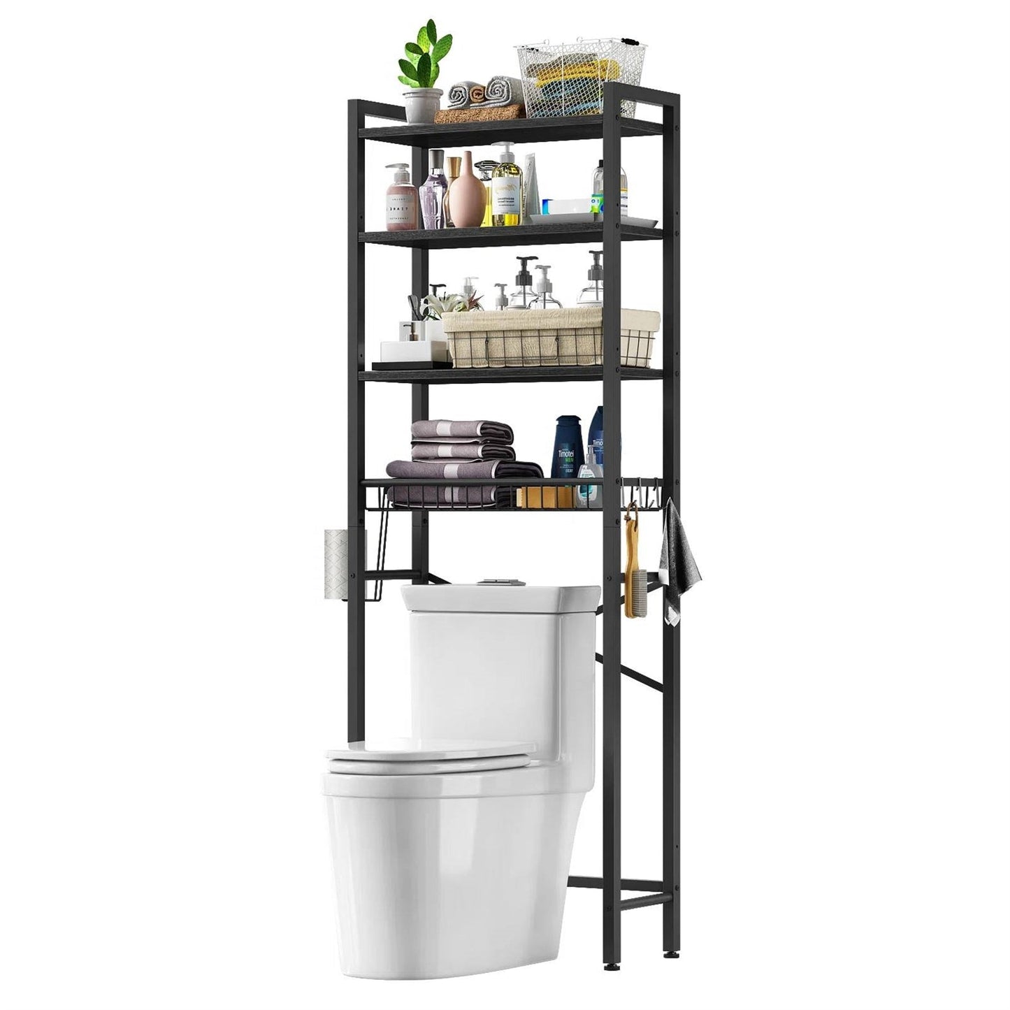 Estante organizador de baño sobre el inodoro, color negro, independiente, de metal industrial y madera.