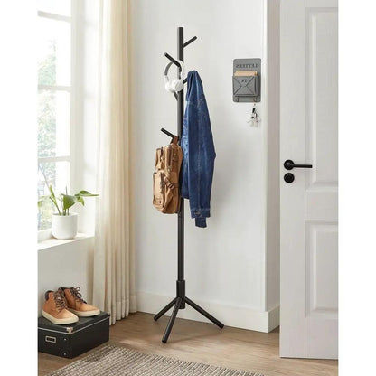 Modern solid wood coat rack in black finish with 8 hooks, freestanding tripod by HomePacific on Tampa Home & Garden Store