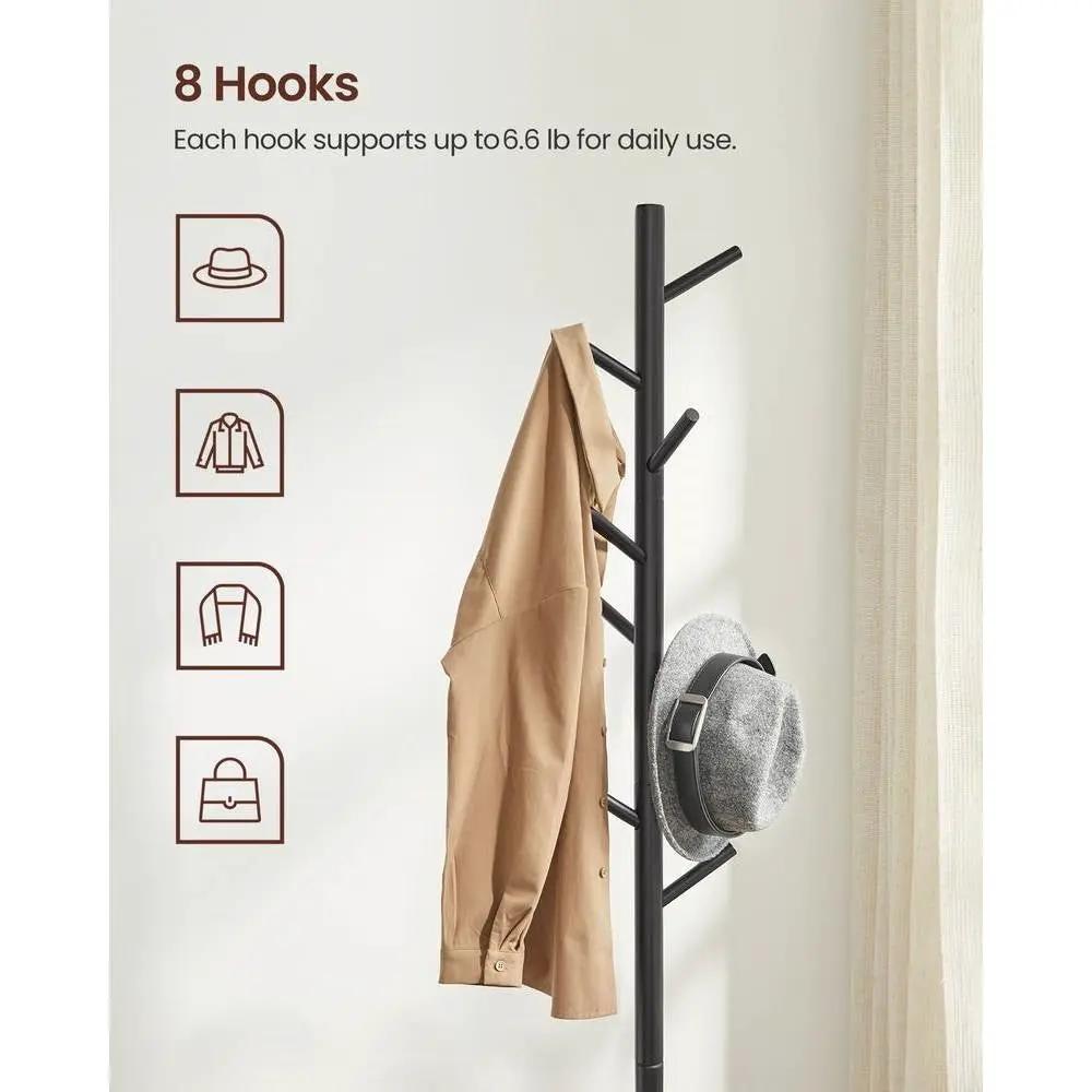 Modern solid wood coat rack in black finish with 8 hanging hooks, coats and hats hang on it on Tampa Home & Garden Store