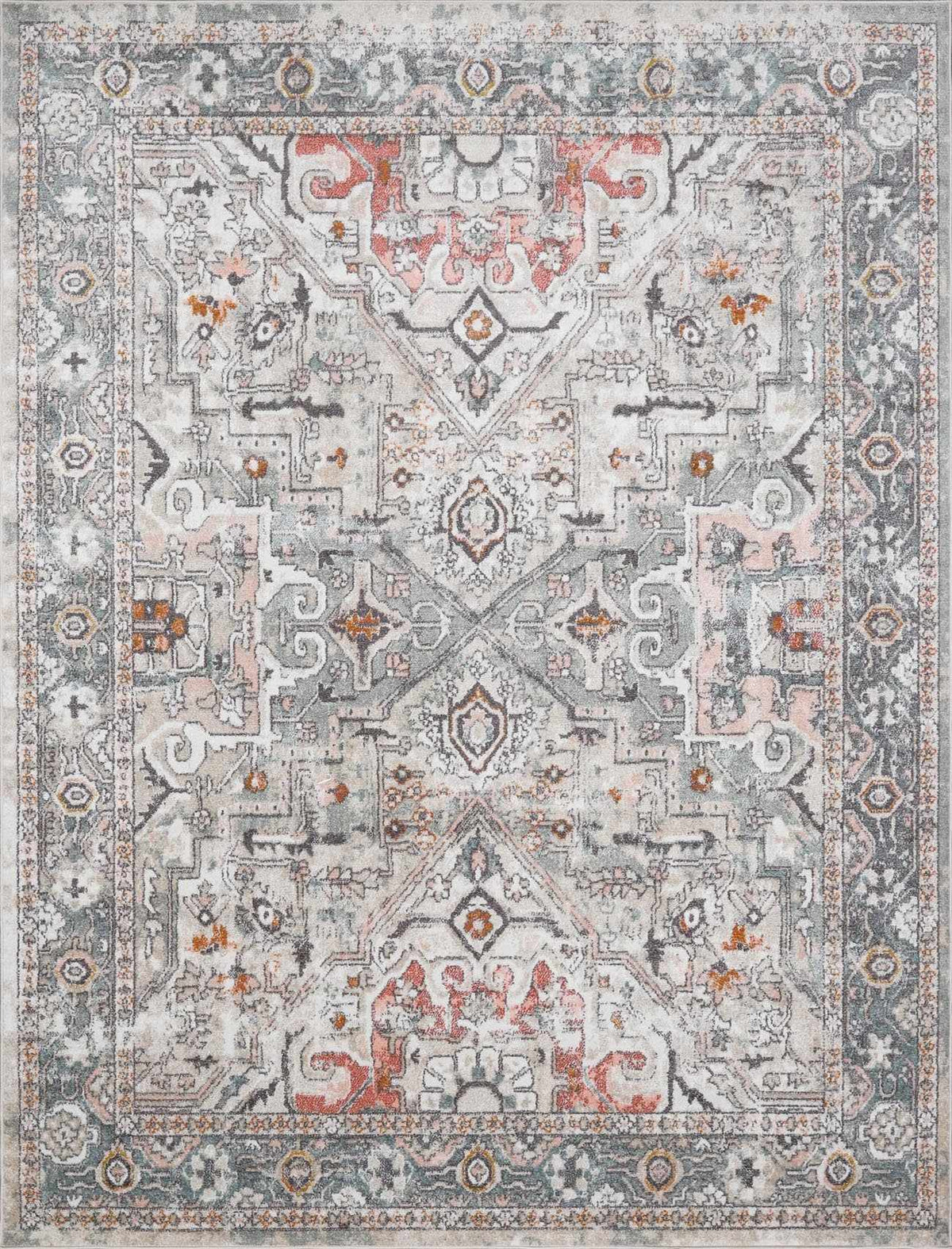 Bolinas Area Rug by Boutique Rugs in gray-blue distressed oriental pattern with pink accents on Tampa Home & Garden Store