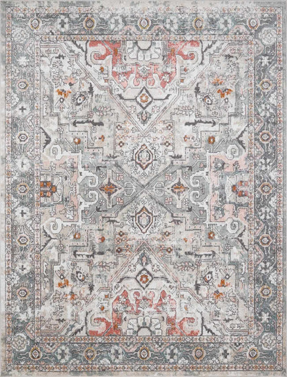 Bolinas Area Rug by Boutique Rugs in gray-blue distressed oriental pattern with pink accents on Tampa Home & Garden Store