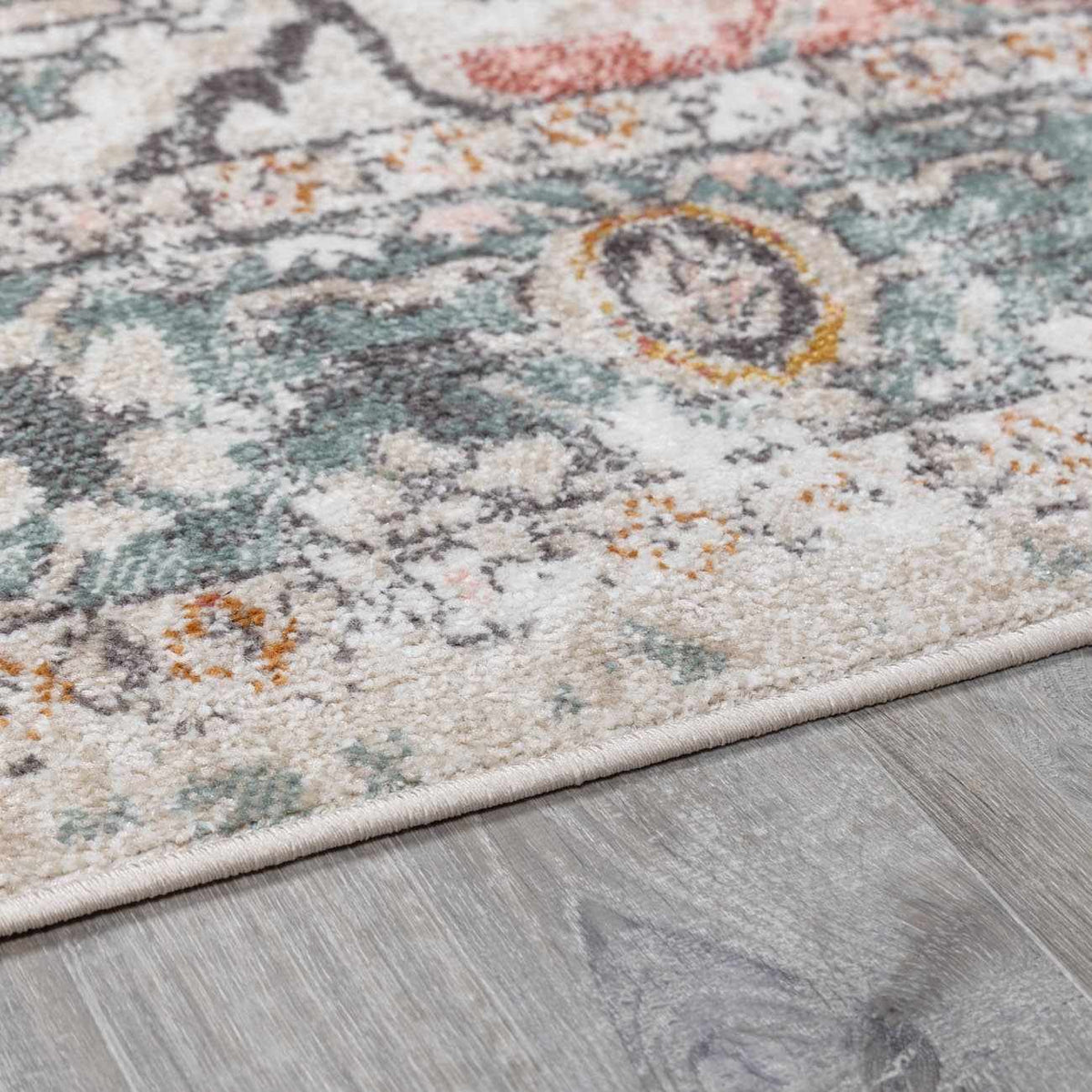 Bolinas Area Rug by Boutique Rugs, multicolor teal ivory and orange abstract pattern on Tampa Home & Garden Store
