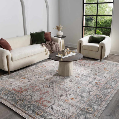 Bolinas Area Rug by Boutique Rugs; gray-blue ornate pattern in a neutral living room on Tampa Home & Garden Store