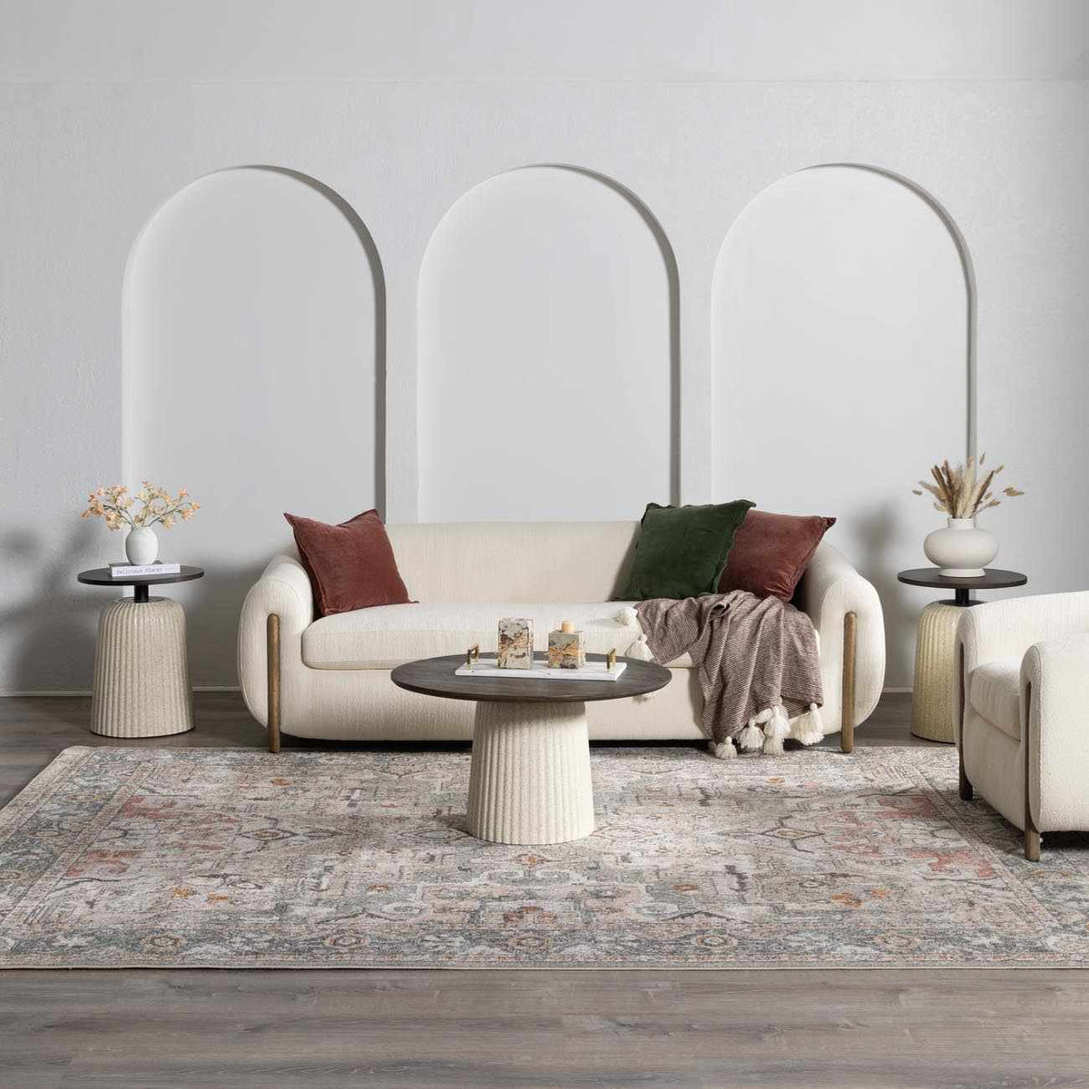 Bolinas Area Rug beige with subtle pattern in a neutral living room by Boutique Rugs on Tampa Home & Garden Store