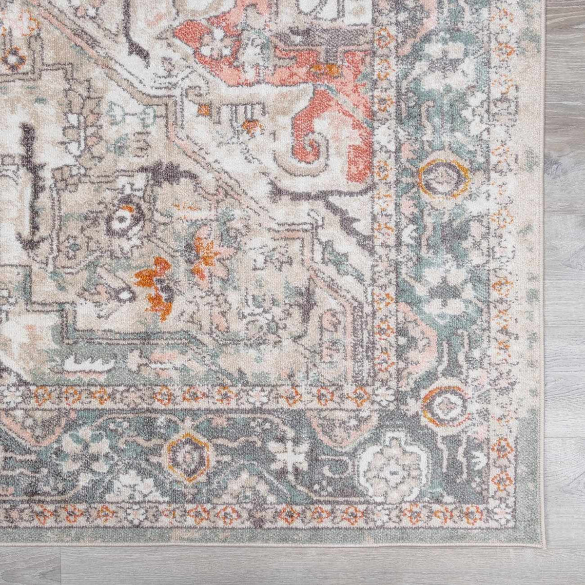 Bolinas Area Rug by Boutique Rugs, cream field with teal and coral accents and ornate border on Tampa Home & Garden Store