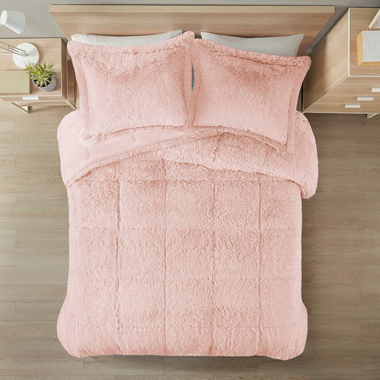 Full/Queen Pink Blush Soft Sherpa Faux Fur 3-Piece Comforter Set - Tampa Home & Garden Store