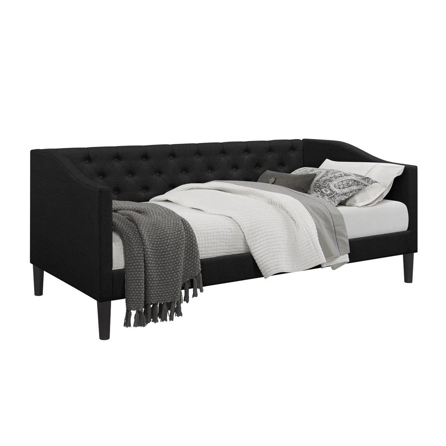 Sofá cama tapizado en tela negra moderna con botones tamaño individual