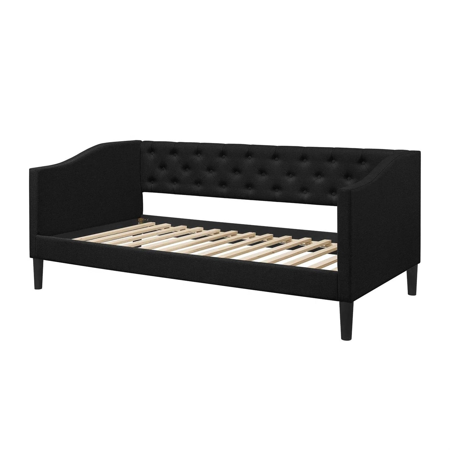Sofá cama tapizado en tela negra moderna con botones tamaño individual