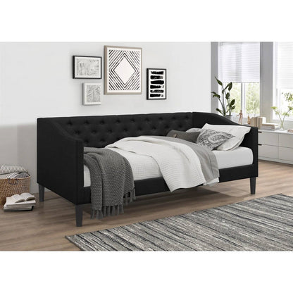 Sofá cama tapizado en tela negra moderna con botones tamaño individual