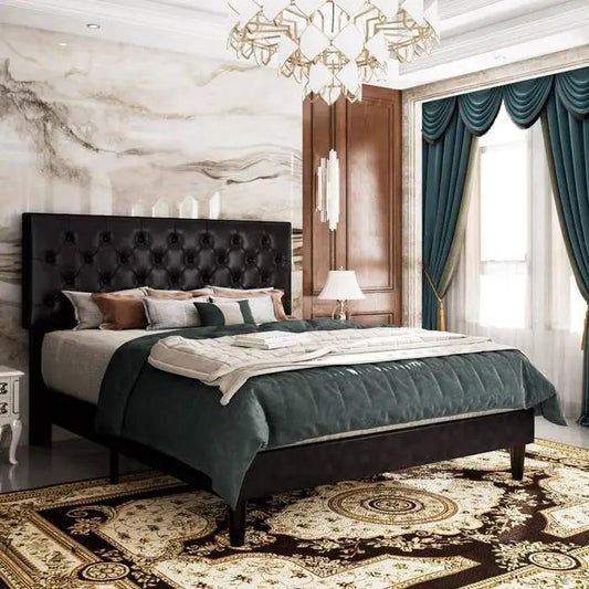 Queen faux leather platform bed with tufted headboard in black, minimalist low-profile frame on Tampa Home & Garden Store
