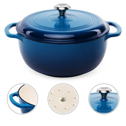 Olla de hierro fundido esmaltada de 6 cuartos de galón, azul, grande, para cocina
