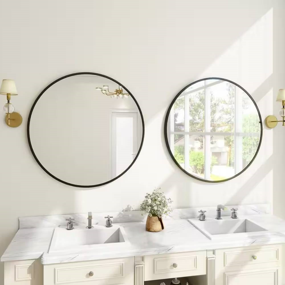Espejo de pared circular de baño con marco negro, de 24 pulgadas