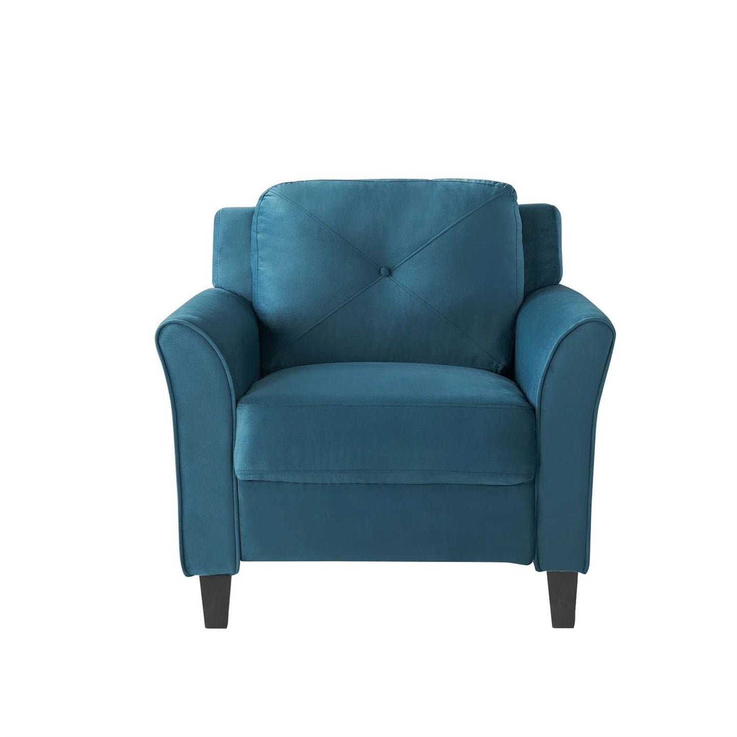 Sillón tapizado de microfibra azul con apoyabrazos acampanados y cojín de respaldo capitoné
