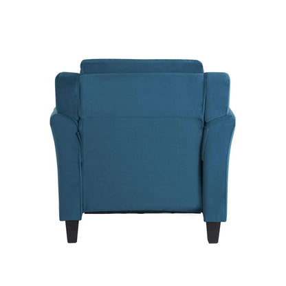Sillón tapizado de microfibra azul con apoyabrazos acampanados y cojín de respaldo capitoné