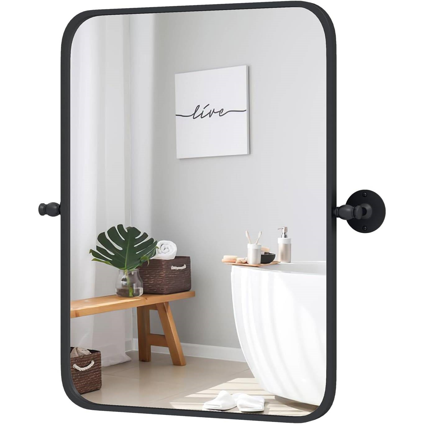 Espejo de pared para baño de 30 x 22 pulgadas con pivote de fácil inclinación y marco negro