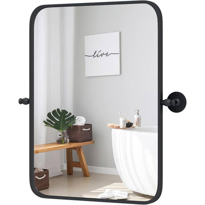 Espejo de pared para baño de 30 x 22 pulgadas con pivote de fácil inclinación y marco negro