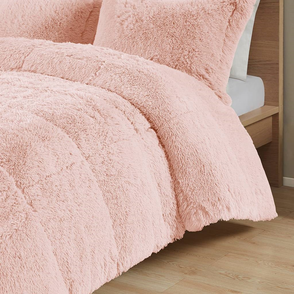 Juego de edredón de 2 piezas de piel sintética sherpa suave color rosa rubor para cama individual/individual XL