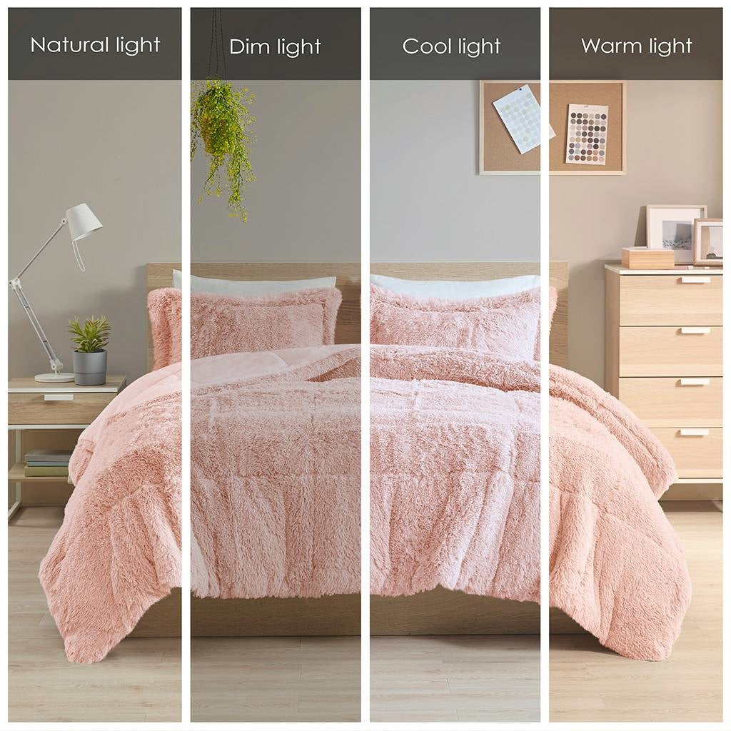 Juego de edredón de 2 piezas de piel sintética sherpa suave color rosa rubor para cama individual/individual XL