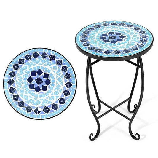 Indoor/Outdoor blue mosaic round side accent table plant stand by HomePacific with black metal legs on Tampa Home & Garden Store