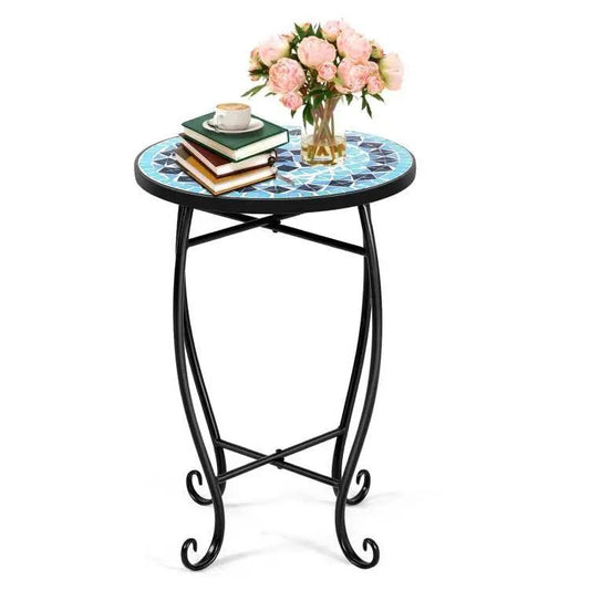 Indoor/Outdoor blue mosaic round side accent table plant stand with black metal legs on Tampa Home & Garden Store