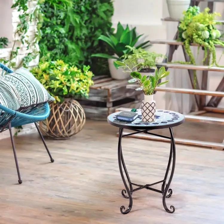 Blue Mosaic Round Side Table Plant Stand by HomePacific with black wrought-iron curved legs on Tampa Home & Garden Store