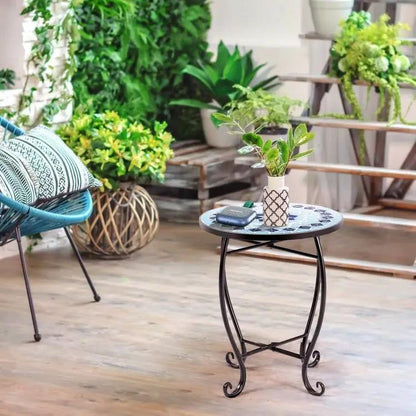 Blue Mosaic Round Side Table Plant Stand by HomePacific with black wrought-iron curved legs on Tampa Home & Garden Store