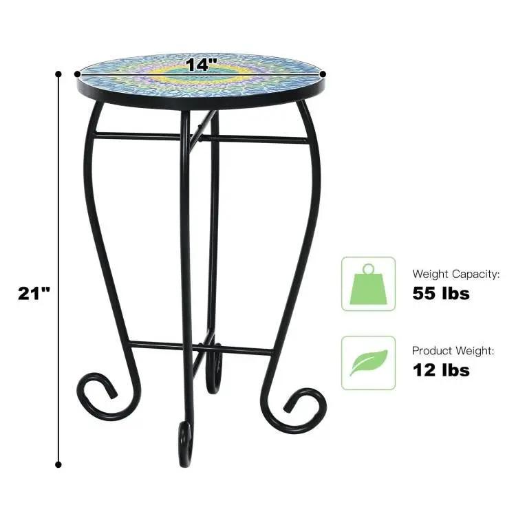 Blue Mosaic Round Side Accent Table Plant Stand, black metal frame, 14-in top, on Tampa Home & Garden Store