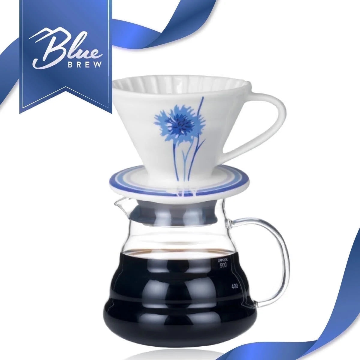 BLUE BREW Ceramic Pour Over Coffee Dripper & Borosilicate Glass Server Set – Premium Single-Serve Coffee Maker with Heat-Resistant Carafe - Tampa Home & Garden Store