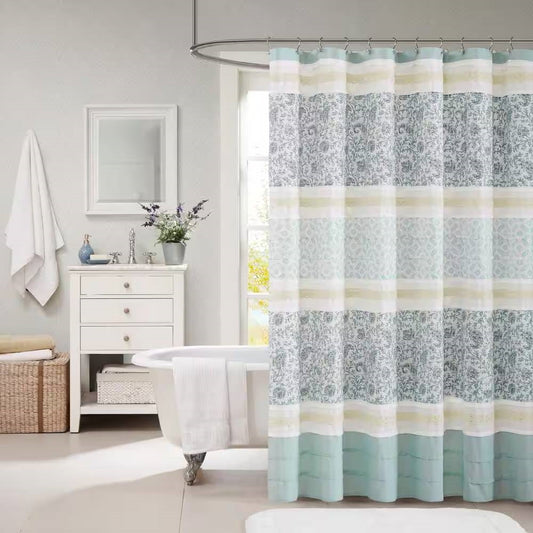 72 x 72-in Cotton Shower Curtain with Teal Blue Grey Cream White Paisley Pattern - Tampa Home & Garden Store