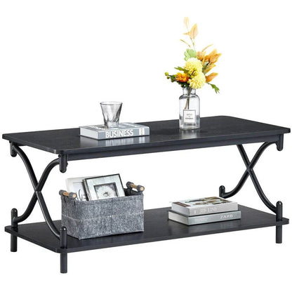 Mesa de centro moderna industrial de metal negro y madera con estante inferior