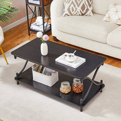 Mesa de centro moderna industrial de metal negro y madera con estante inferior