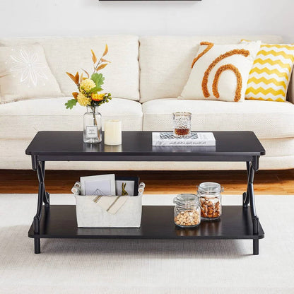 Mesa de centro moderna industrial de metal negro y madera con estante inferior