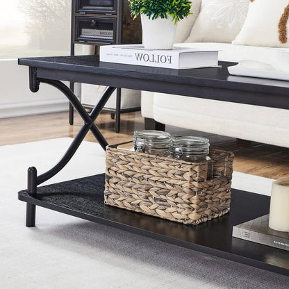 Mesa de centro moderna industrial de metal negro y madera con estante inferior