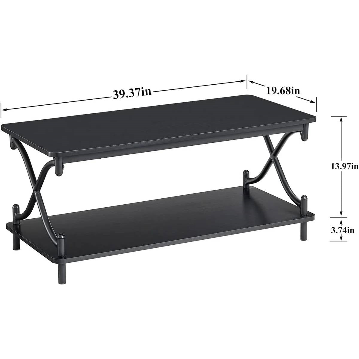 Mesa de centro moderna industrial de metal negro y madera con estante inferior