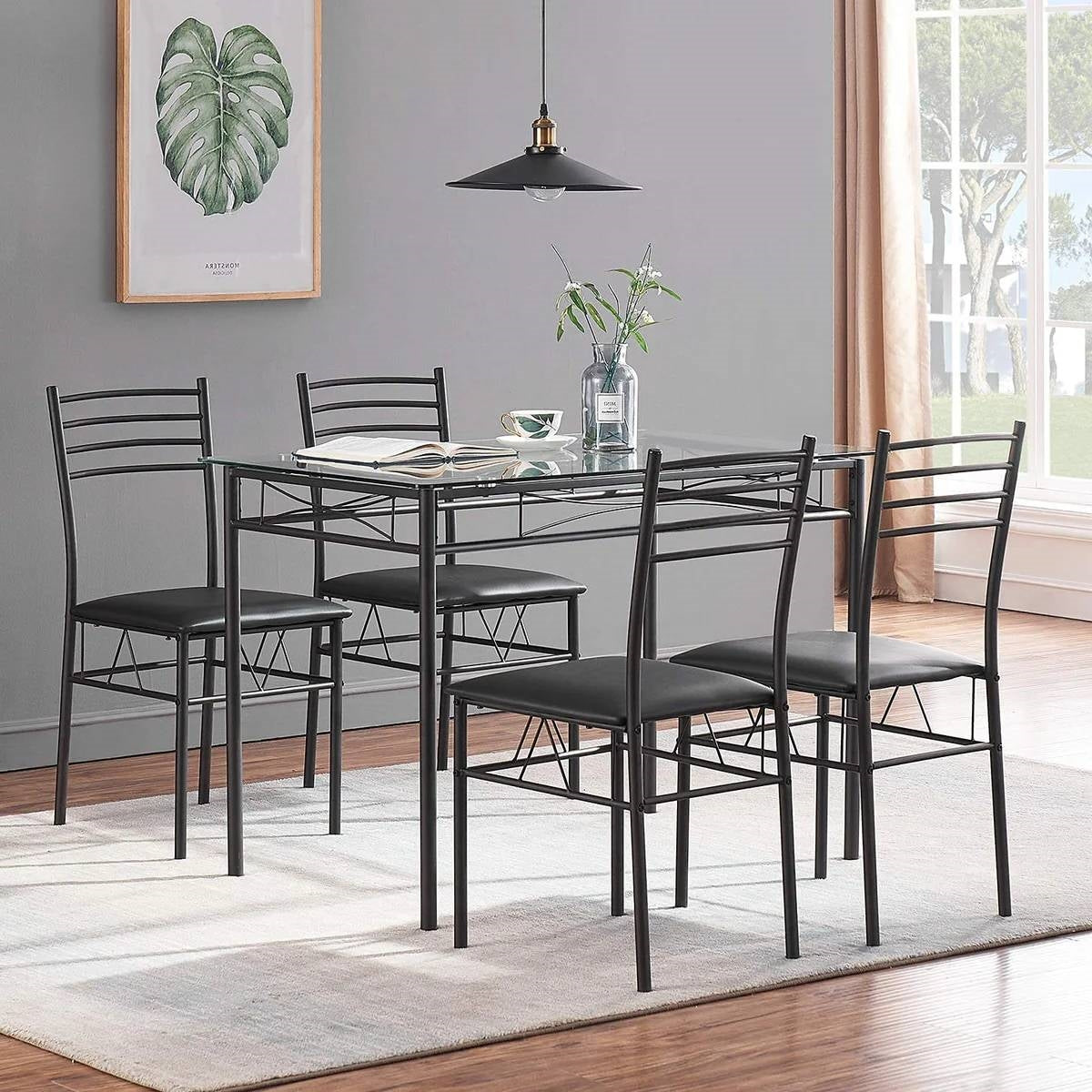 Juego de comedor negro de 5 piezas con mesa rectangular con cubierta de cristal y 4 sillas