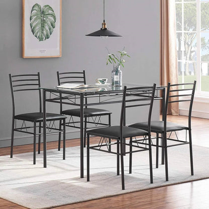 Juego de comedor negro de 5 piezas con mesa rectangular con cubierta de cristal y 4 sillas