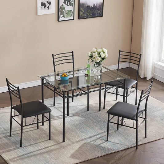 Juego de comedor negro de 5 piezas con mesa rectangular con cubierta de cristal y 4 sillas