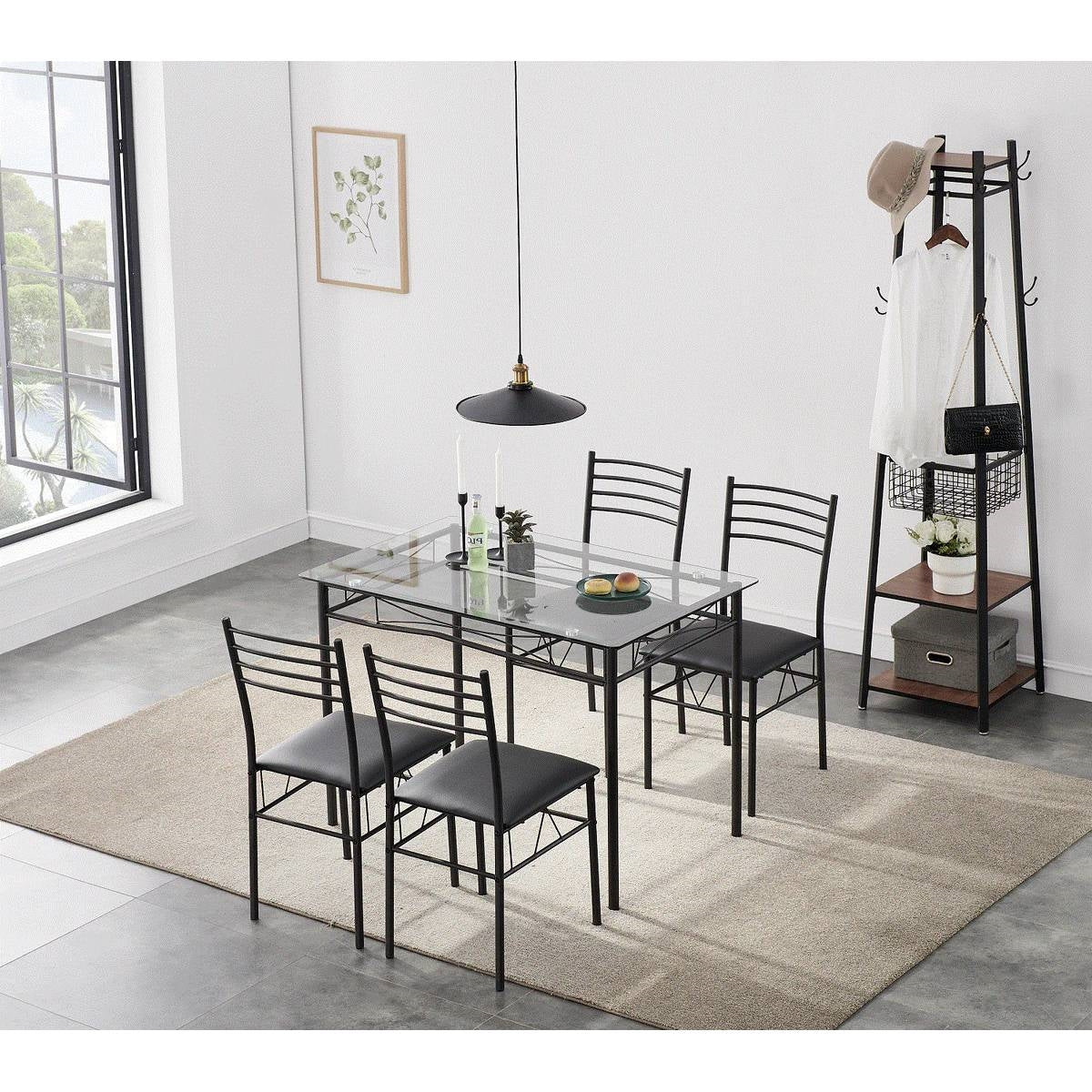 Juego de comedor negro de 5 piezas con mesa rectangular con cubierta de cristal y 4 sillas