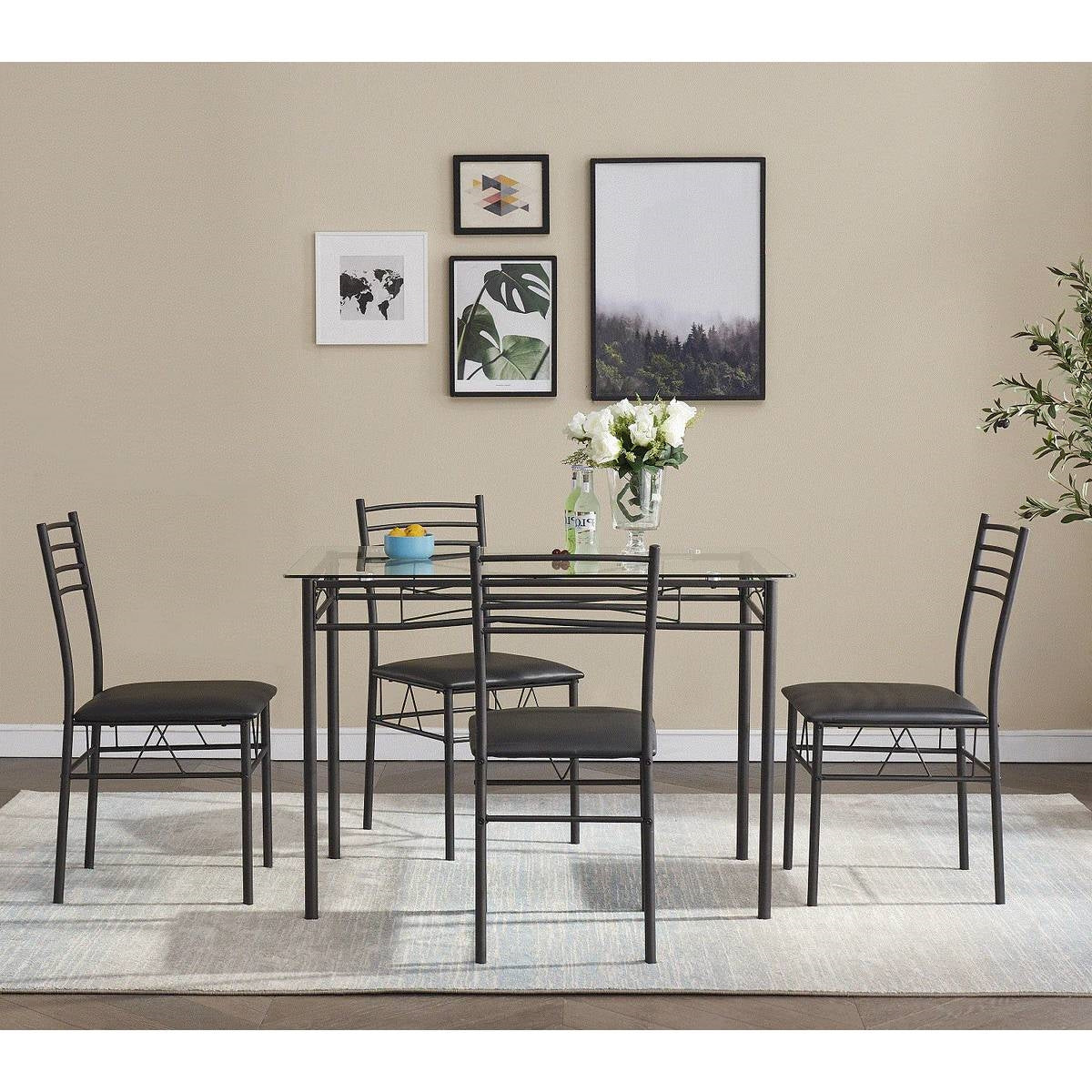 Juego de comedor negro de 5 piezas con mesa rectangular con cubierta de cristal y 4 sillas