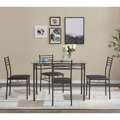 Juego de comedor negro de 5 piezas con mesa rectangular con cubierta de cristal y 4 sillas