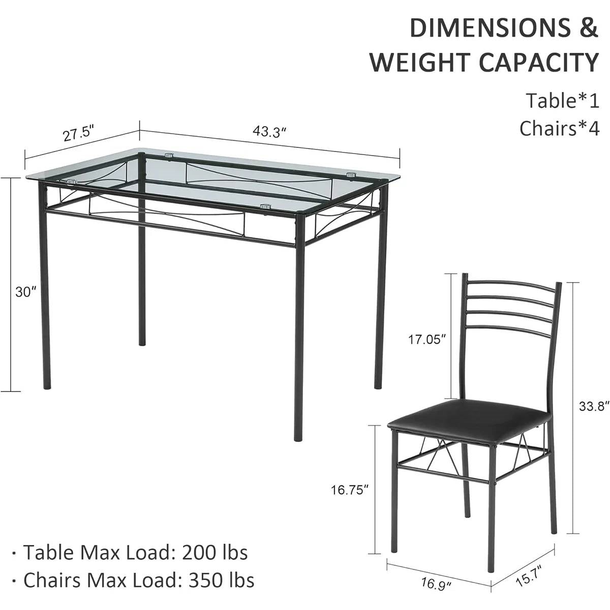 Juego de comedor negro de 5 piezas con mesa rectangular con cubierta de cristal y 4 sillas