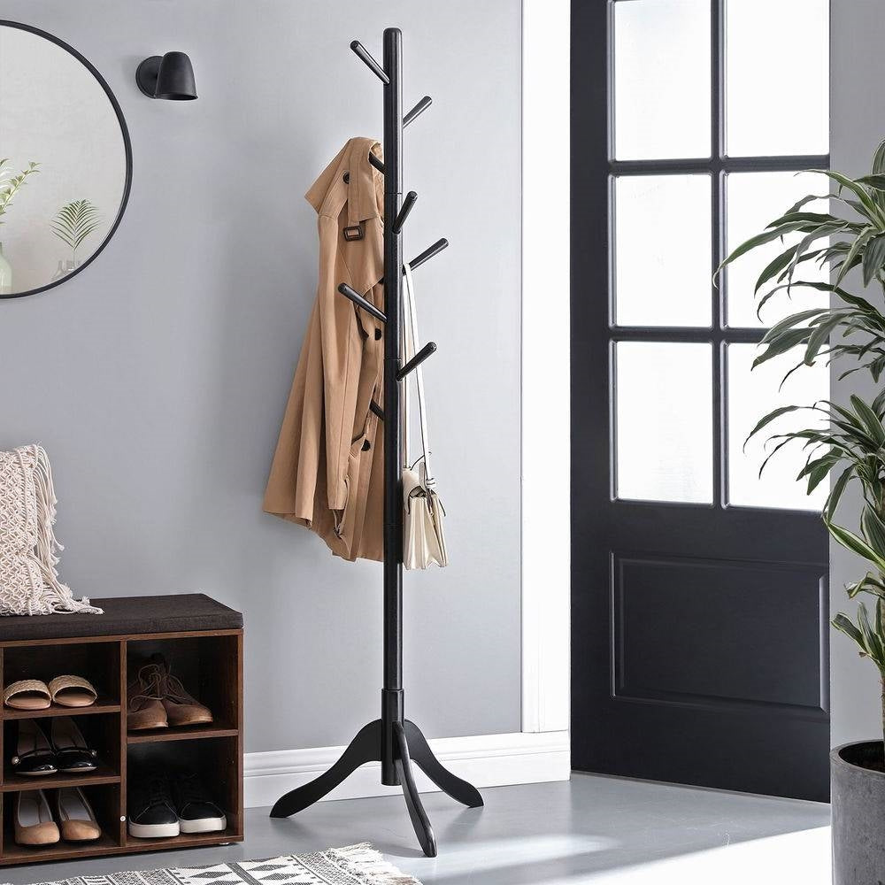 Perchero moderno de madera maciza con acabado negro que ahorra espacio