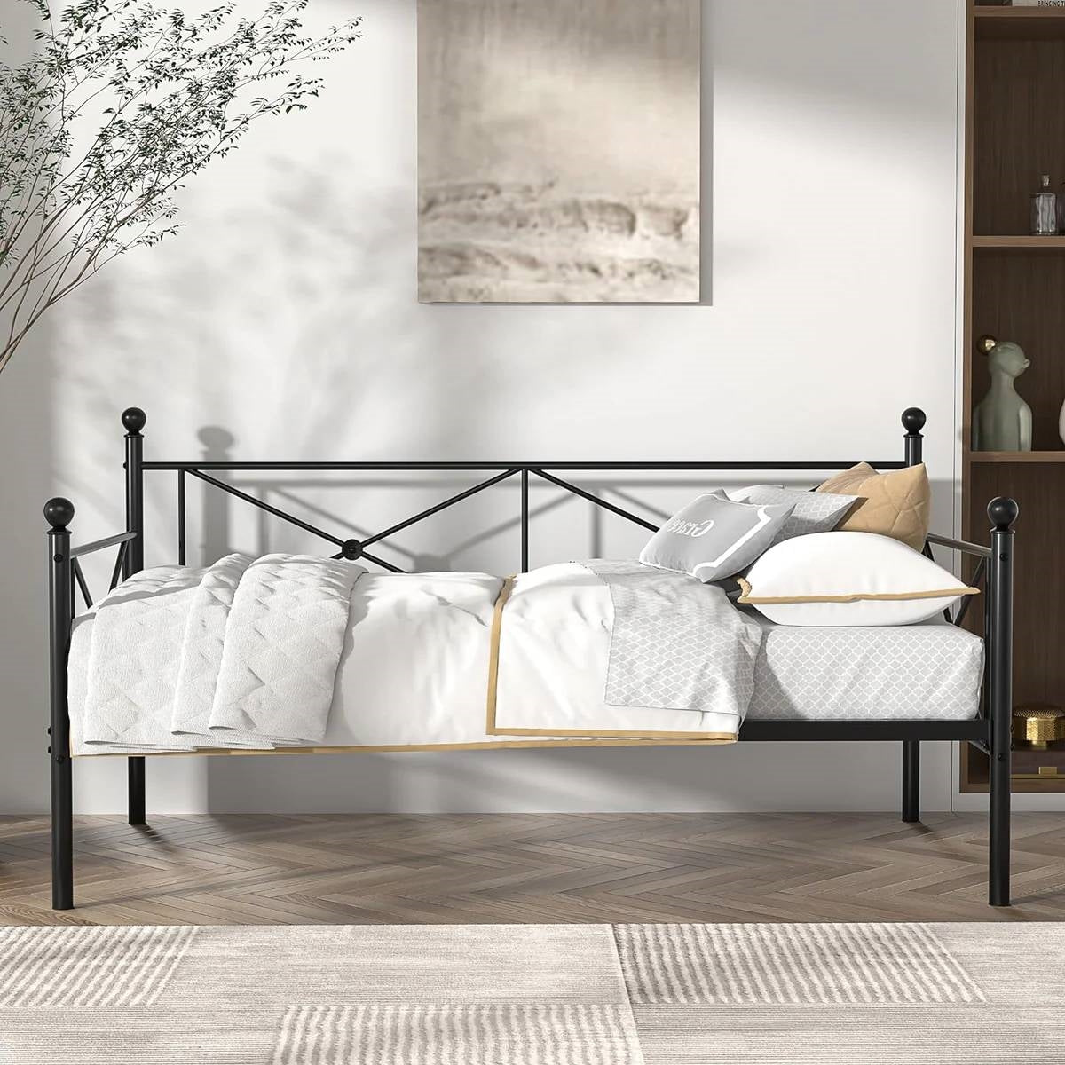 Estructura de cama individual metálica resistente con acabado negro