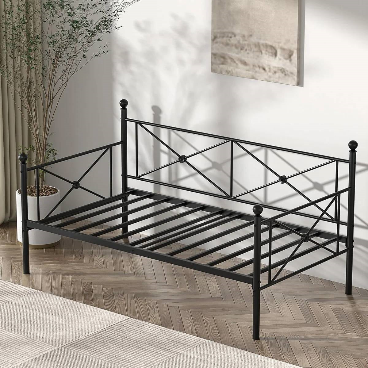 Estructura de cama individual metálica resistente con acabado negro