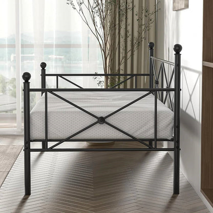 Estructura de cama individual metálica resistente con acabado negro
