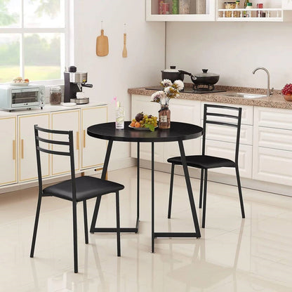 Juego de comedor moderno de 3 piezas para cocina con mesa redonda de madera negra y 2 sillas