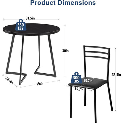 Juego de comedor moderno de 3 piezas para cocina con mesa redonda de madera negra y 2 sillas