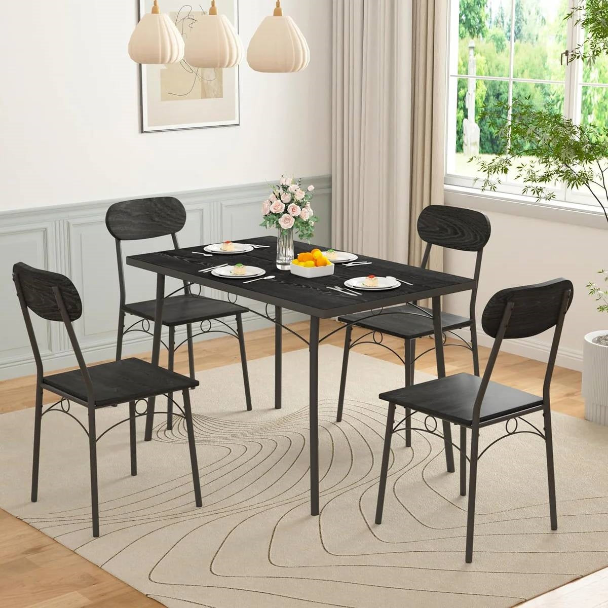 Juego de comedor moderno de 5 piezas con mesa de madera negra y 4 sillas